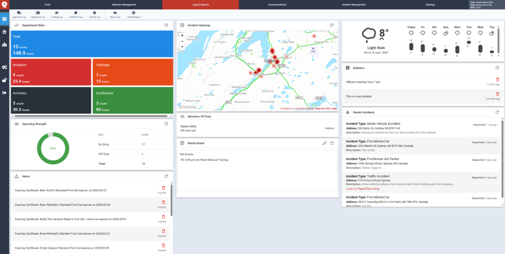 This is a dashboard screenshot of the FireQ, a paperless fire department records management system.