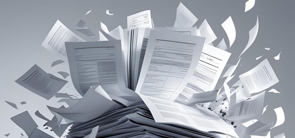 This is a decorative image of a stack of paper reports exploding.