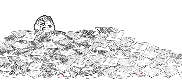 This is a descriptive image of a firefighter sitting behind a large stack of paper reports to illustrate the need for paperless fire department records.